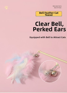 Detail view of colorful feathers and metal bell on the long cat teaser wand toy