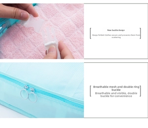 Detail of light blue travel bag showing durable buckle and breathable mesh texture