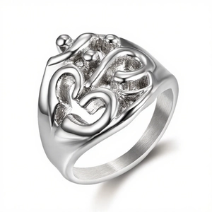 Modern silver Om symbol ring with minimalist hollow art design in stainless steel