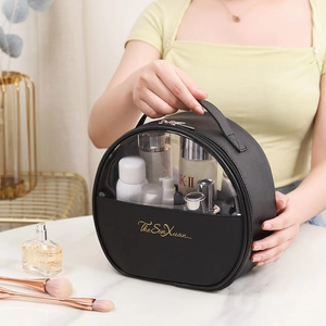 Large capacity black PU leather and clear PVC travel makeup bag with gold lettering