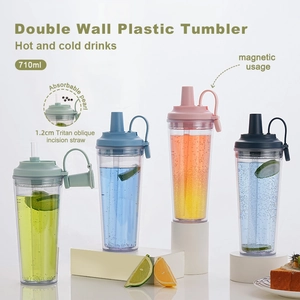 710ml double wall plastic tumbler with 1.2cm wide straw and magnetic handle for pearls