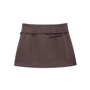 Minimalist dark brown skort with decorative belt and side pocket on white background