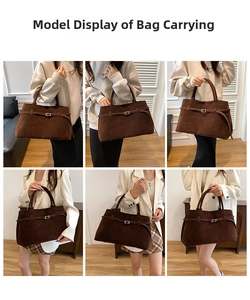 Collage of a large dark brown suede tote bag styled in a cozy indoor setting