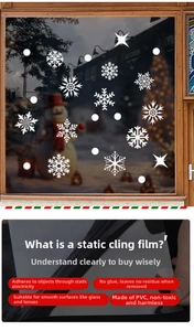 Detail of white snowflake window stickers showing glue-free static adsorption PVC material