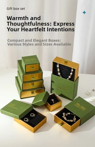 Detail of luxury green jewelry gift box set with gold trim and textured drawer design