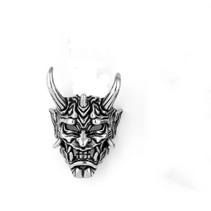 Retro hip-hop style silver bull head Hannya mask ring with bold gothic carved details