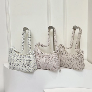 Floral shoulder bags with drawstring pleats and bow straps in three various colors