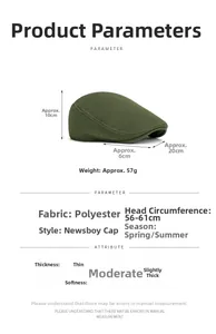 Detailed size specifications and mesh fabric view of the army green flat cap for summer