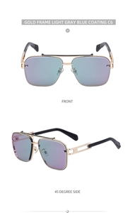 Detail view of square sunglasses with gold metal frame and light grey-blue coated lenses