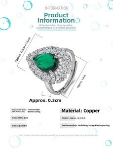 Detail view of pear-cut emerald ring with micro-paved cubic zirconia in silver plating
