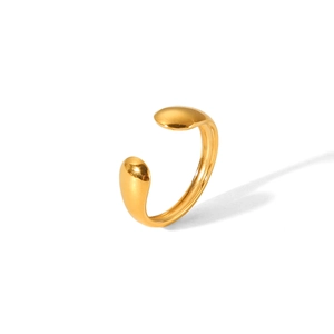Detailed view of an 18K gold-plated teardrop open ring with a glossy polished finish