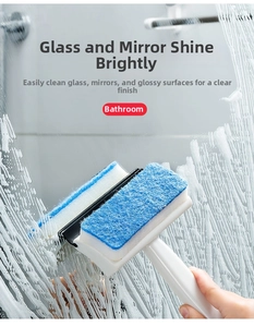 Dual-sided window squeegee with blue sponge and black rubber blade cleaning soapy glass