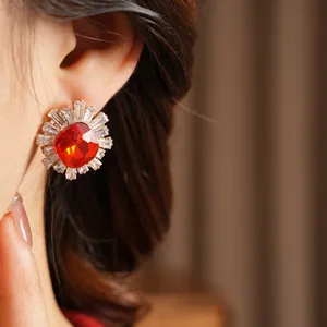 Elegant vintage sunflower earrings with red crystal and cubic zirconia stones
