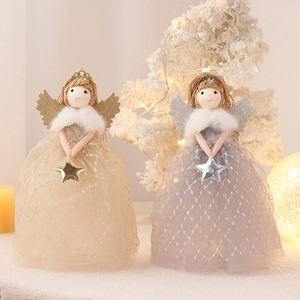 Christmas Angel Tree Topper Decoration Sequin Mesh Fabric Plush Knitting Wing Crown Star Holiday Desktop Ornament