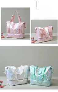 Detail view of the iridescent travel bag with a separate bottom zipper compartment