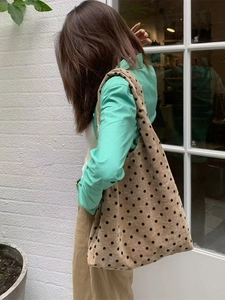 Large polka dot canvas tote bag in brown and black for casual women's daily commuting