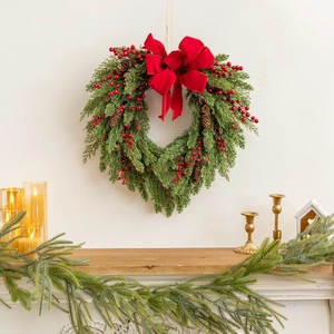Heart Shaped Christmas Wreath With Red Berries Pine Cones Large Bow Artificial Greenery Door Hanging Festival Decor