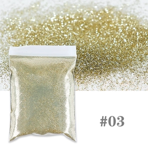 Macro shot of 0.2mm champagne gold nail art glitter powder in a 10g bag #03