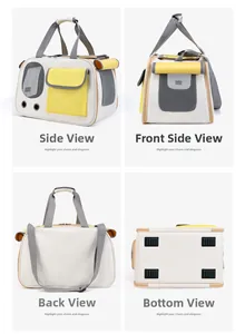 Detail of pet carrier showing breathable mesh window, side storage pocket and non-slip feet