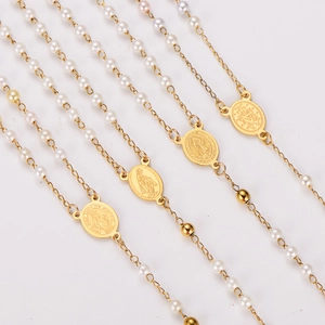 Stainless steel gold rosary necklace with white pearls and Guadalupe Virgin medallion