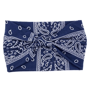 Bohemian dark blue paisley print elastic headband with a stylish knotted design for women
