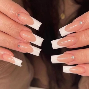 French Tip Press On Nails Long Coffin False Nails White Edge Rhinestone Nude Pink Full Cover Artificial Fingernails Women