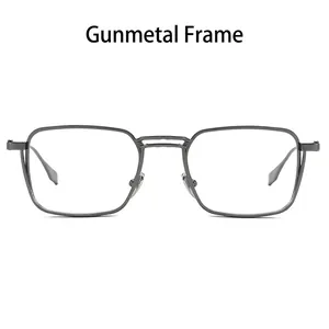Detailed view of gunmetal square metal frame eyewear with sleek minimalist design