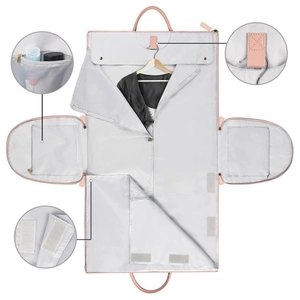 Foldable large capacity travel garment bag in pink and grey with multiple pockets