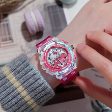 Close-up of pink transparent Hello Kitty quartz watch on a wrist with waterproof display