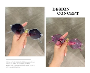Close-up of geometric hexagonal sunglasses with transparent frames and gradient lenses
