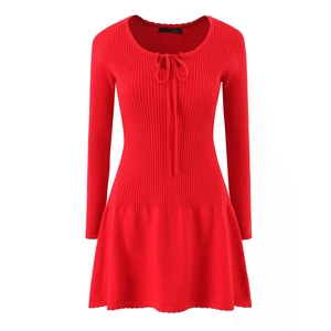 Long Sleeve Knitted Mini Dress Elegant Bow Tie Round Neck Slim Fit A-Line Flare Hem Solid Color Casual Style Women Apparel