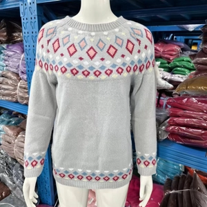 Detail of grey crewneck knit sweater showing colorful geometric patterns on the cuffs