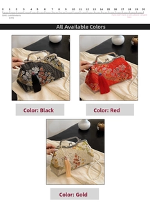Detailed close-up of silk floral shell bags with traditional embroidery and tassels