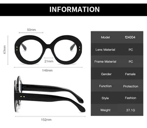 Detailed size guide and technical specs for oversized round fashion glasses frame