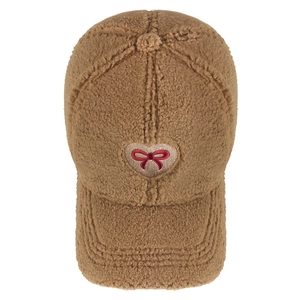 Winter faux shearling baseball cap for women with heart and bow embroidery design