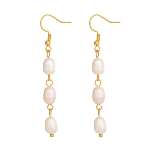 Elegant 18K gold-plated stainless steel earrings with three vertical white pearls