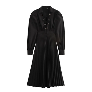 Polo Collar Maxi Dress Black Pleated Polyester Puff Sleeve Lace Up Vintage French Style Elegant For Women