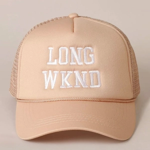 Apricot trucker hat with LONG WKND embroidery and decorative rope on foam panel