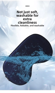 Detailed view of dark blue silk sleep mask showing its flexible and washable material