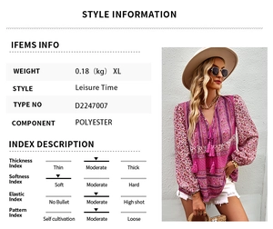 Detailed size and material specs for this bohemian floral print blouse with tassel accents