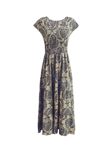Detailed view of V-neck and damask floral print on vintage bohemian maxi dress