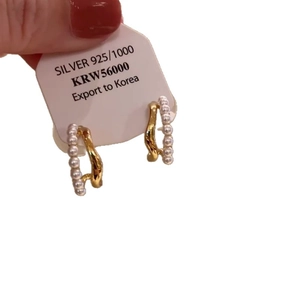 Double-layered 925 silver pearl C-shaped earrings with wave gold metal in French style