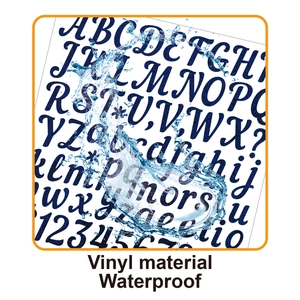Close-up of waterproof dark blue vinyl letter stickers shown with water splashes