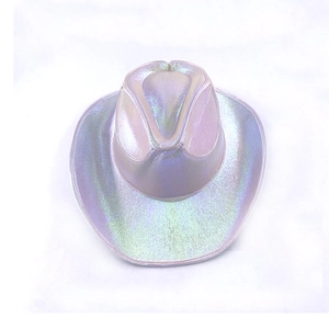 Top view of holographic cowboy hat with purple and green metallic finish for festivals