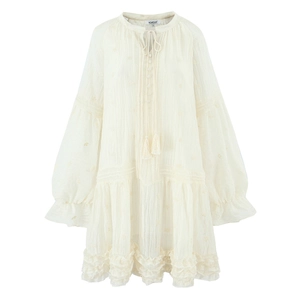 Robe Midi Femme Manches Longues Texture Broderie Gland Noeud Ourlet À Volants Étages Bohème Chic Vintage Français Beige