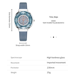 Détails d'une montre à cadran bleu étoilé avec boîtier 32mm et bracelet en cuir 10mm