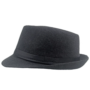 Close-up of black wool felt fedora hat featuring a classic satin ribbon band and texture