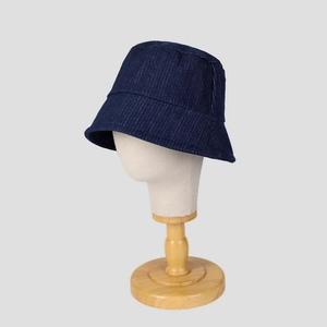 Classic dark blue pinstripe denim bucket hat on a mannequin head, stable side view