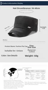 Detailed sizing chart and specifications for the vintage grey washed cotton flat top military cap