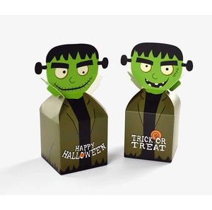 Macro detail of Frankenstein themed Halloween gift boxes with Trick or Treat print